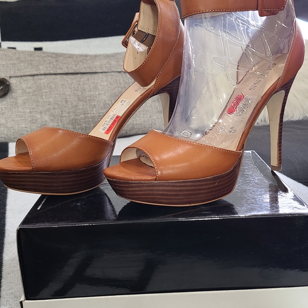 Guess Brown Chunky Heel Leather Sandals